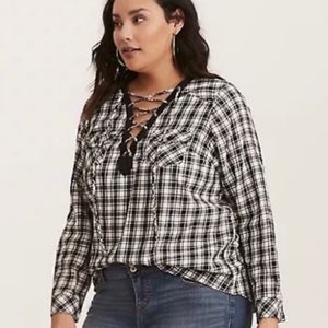 3/$20 Sale! Torrid Lace-Up Plaid Long Sleeve Blouse